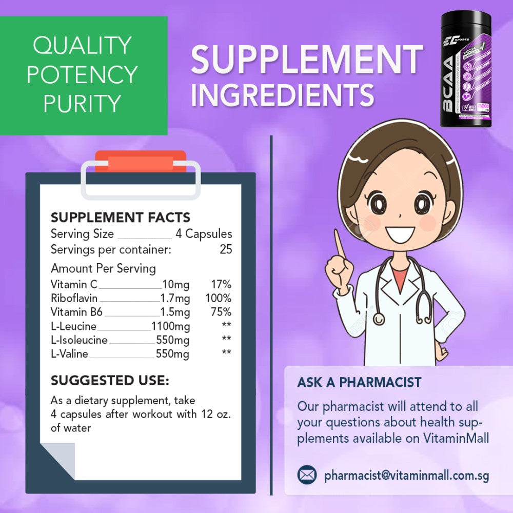 EC-Sports 100% BCAA 2:1:1 Branched Chain Amino Acid - 100 Capsules