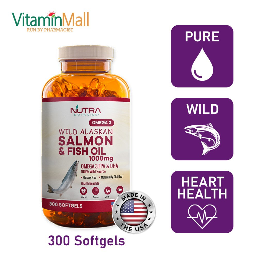 Nutra Botanics Omega 3 Wild Alaskan Salmon & Fish Oil 1000mg – 300 Softgels