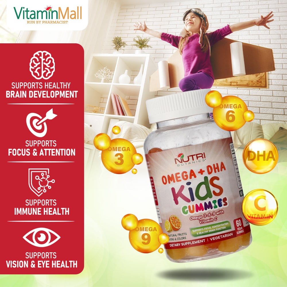 Nutri Botanics Vegetarian Kids Omega + DHA Gummies with Vitamin C – 60 Gummies
