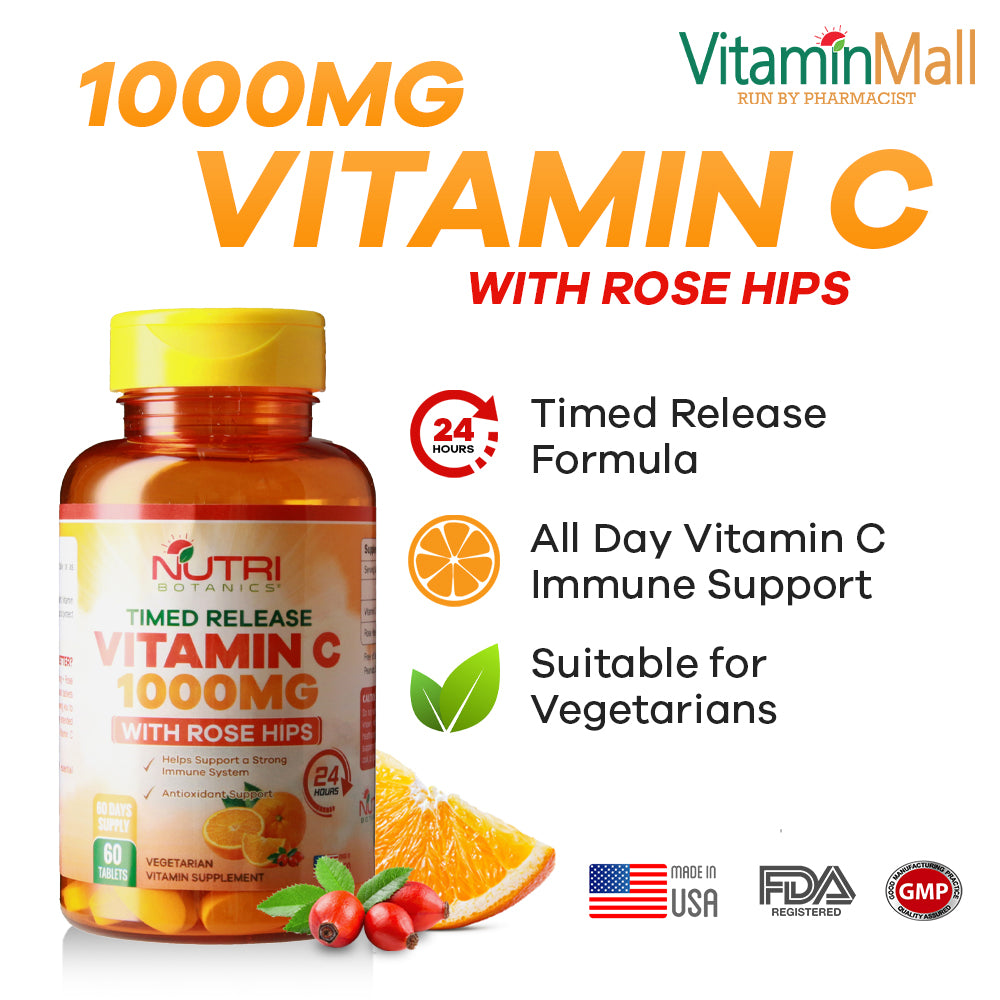 Nutri Botanics Vitamin C 1000mg Time Release Tablet with Rose Hip - 60 Vegetarian Tablets