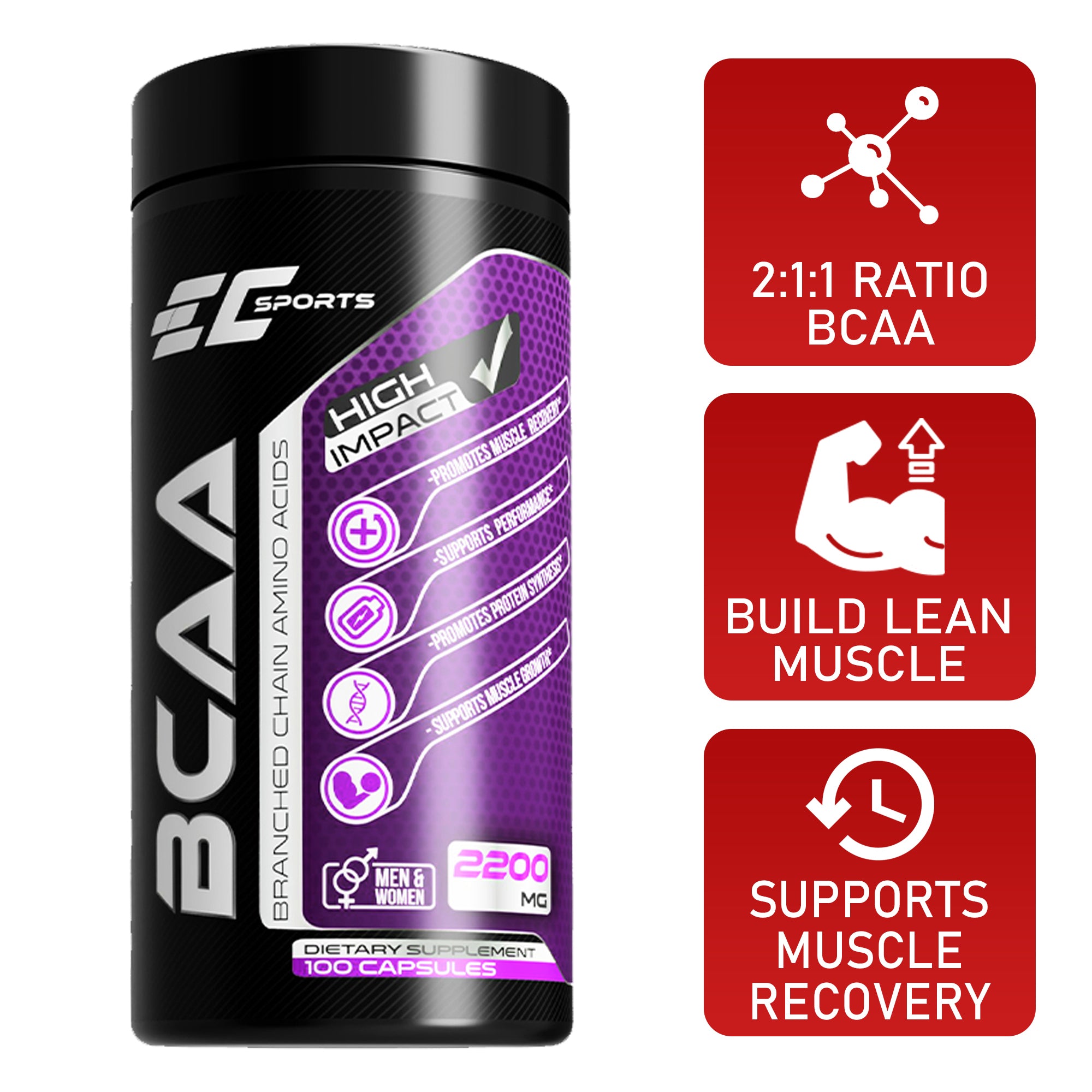 EC-Sports 100% BCAA 2:1:1 Branched Chain Amino Acid - 100 Capsules