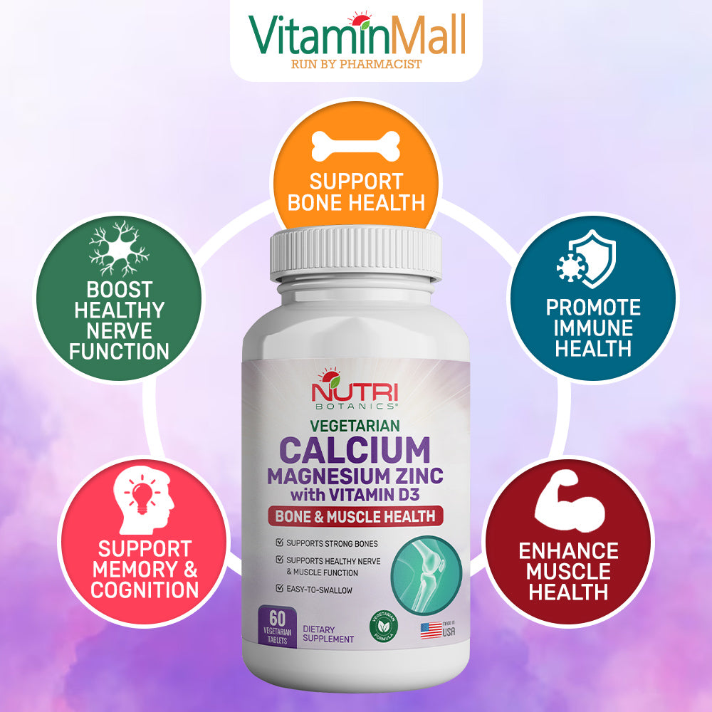 Nutri Botanics Calcium Magnesium Zinc with Vitamin D3 Supplement – 60 Vegetarian Tablets