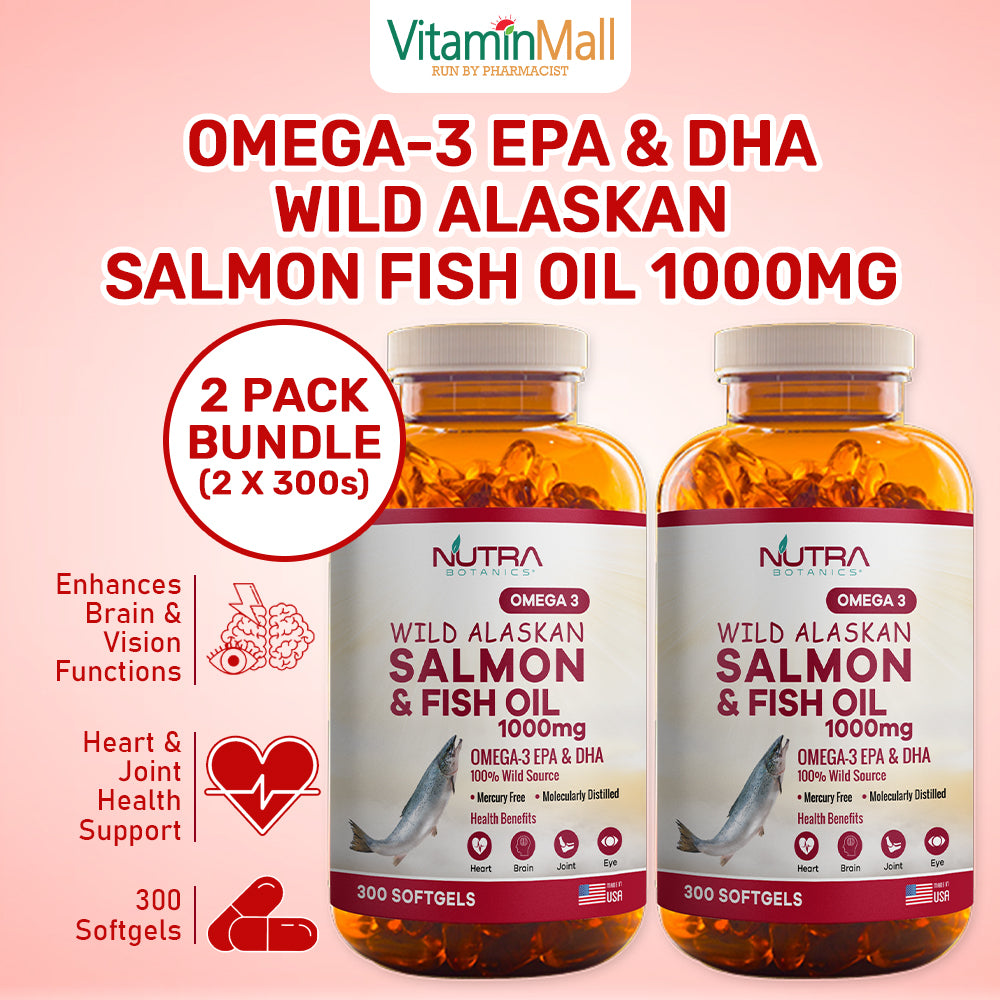 Nutra Botanics Omega 3 Wild Alaskan Salmon & Fish Oil 1000mg – 300 Softgels