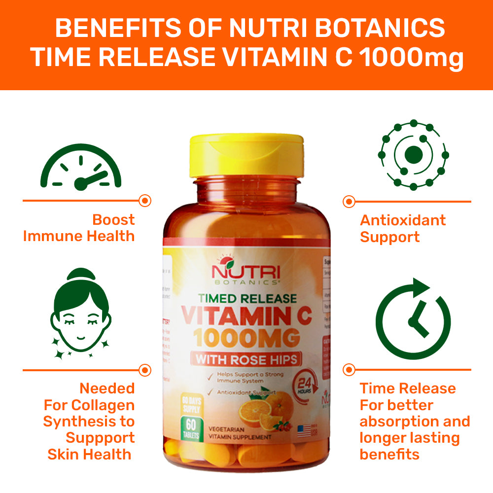 Nutri Botanics Vitamin C 1000mg Time Release Tablet with Rose Hip - 60 Vegetarian Tablets