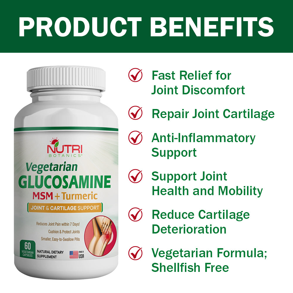 Nutri Botanics Vegetarian Glucosamine MSM Turmeric for Joint & Knee Pain Relief - 60 Capsules
