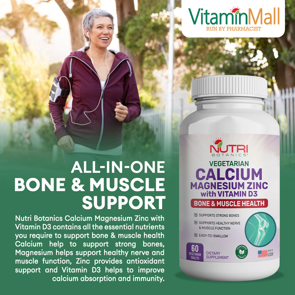 Nutri Botanics Calcium Magnesium Zinc with Vitamin D3 Supplement – 60 Vegetarian Tablets