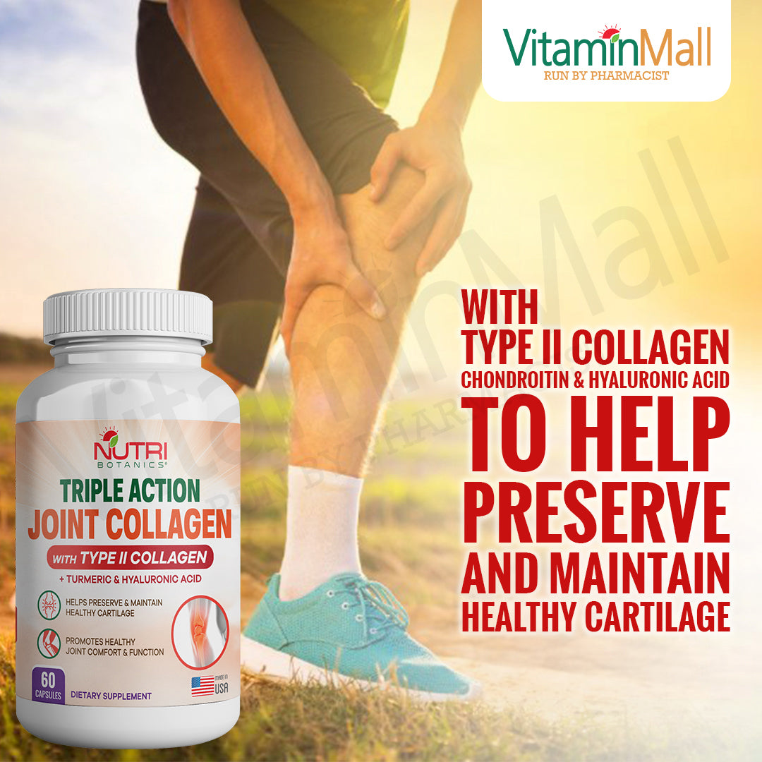 Nutri Botanics Triple Action Joint Collagen with Type II Collagen, Turmeric Curcumin & Hyaluronic Acid – 60 Capsules