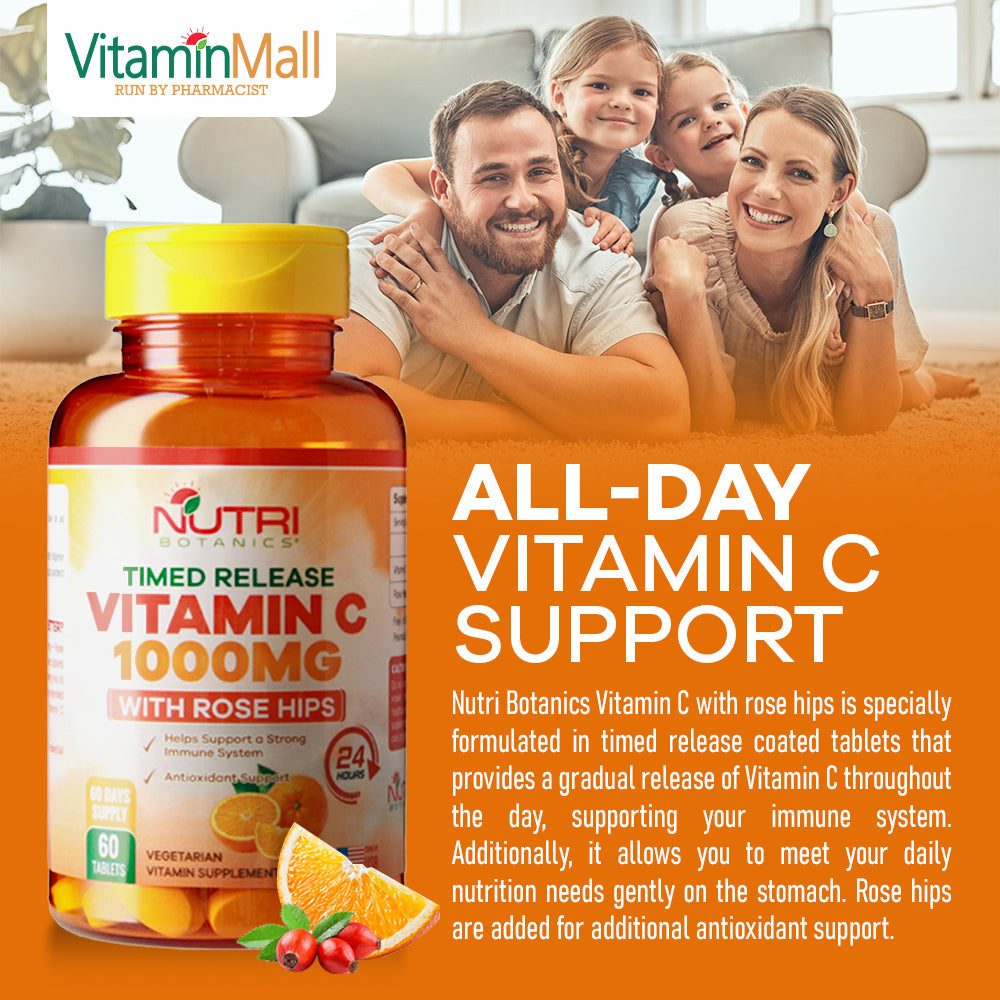 Nutri Botanics Vitamin C 1000mg Time Release Tablet with Rose Hip - 60 Vegetarian Tablets