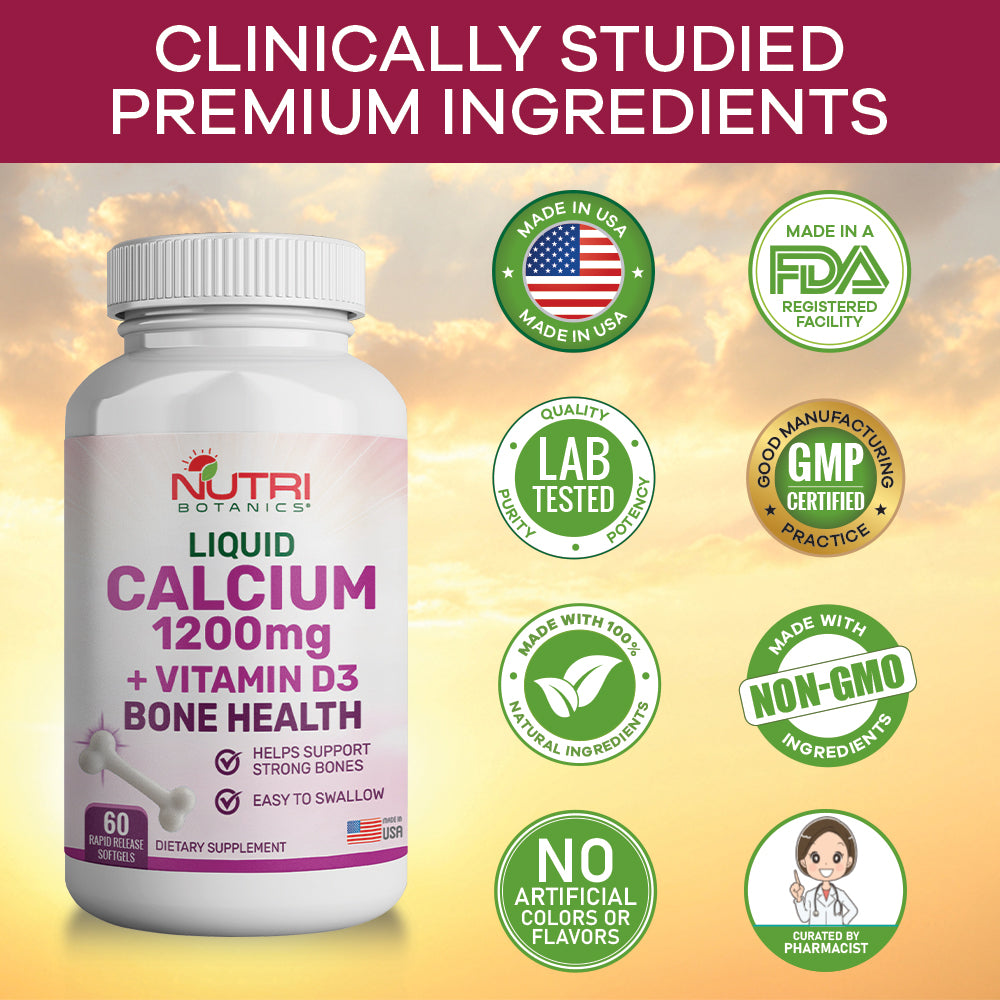 Nutri Botanics Liquid Calcium 1200mg + Vitamin D3 Bone Health Supplement  – 60 Softgels