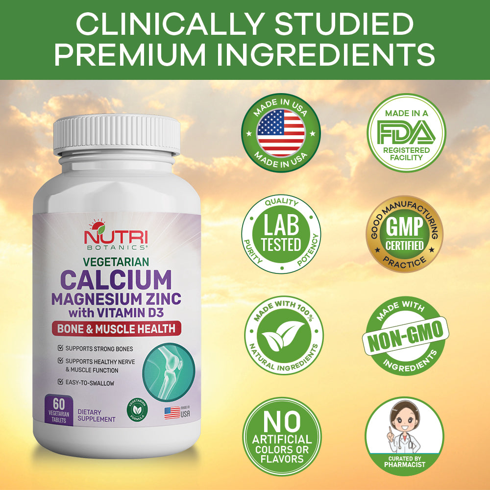 Nutri Botanics Calcium Magnesium Zinc with Vitamin D3 Supplement – 60 Vegetarian Tablets