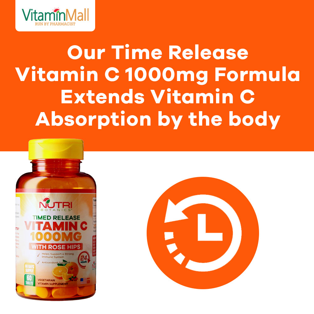 Nutri Botanics Vitamin C 1000mg Time Release Tablet with Rose Hip - 60 Vegetarian Tablets