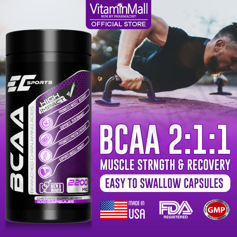 EC-Sports 100% BCAA 2:1:1 Branched Chain Amino Acid - 100 Capsules