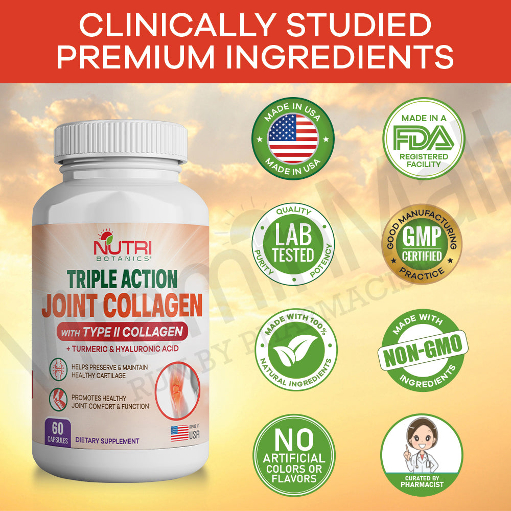 Nutri Botanics Triple Action Joint Collagen with Type II Collagen, Turmeric Curcumin & Hyaluronic Acid – 60 Capsules