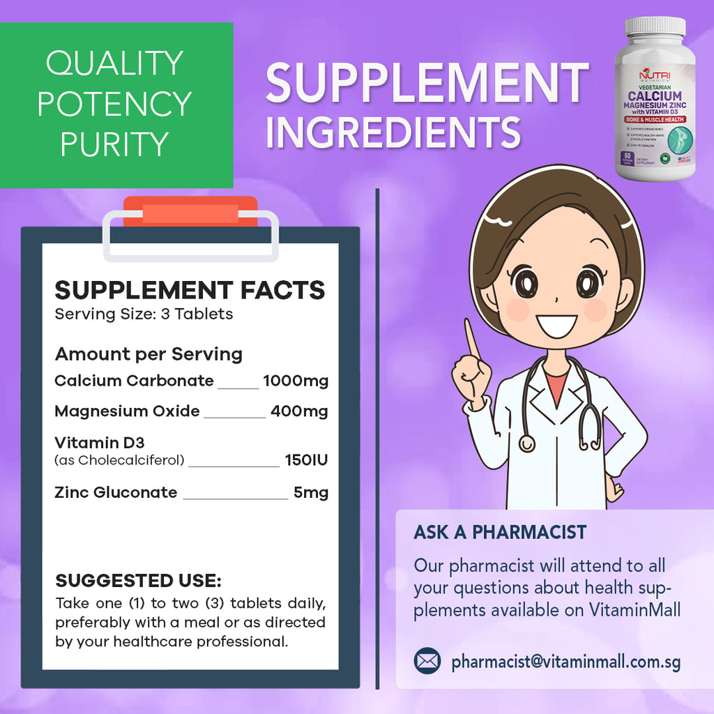 Nutri Botanics Calcium Magnesium Zinc with Vitamin D3 Supplement – 60 Vegetarian Tablets
