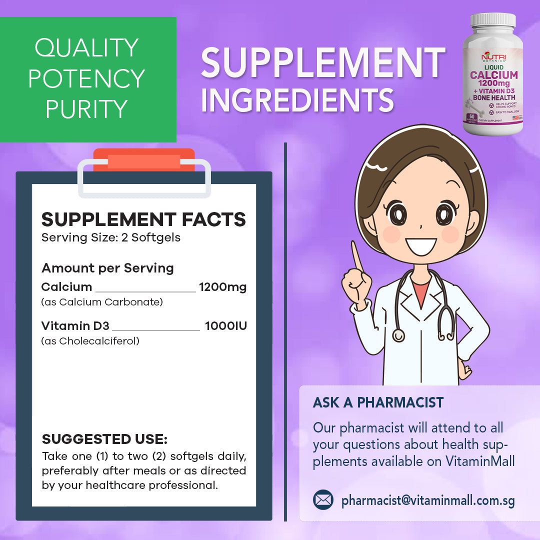 Nutri Botanics Liquid Calcium 1200mg + Vitamin D3 Bone Health Supplement  – 60 Softgels