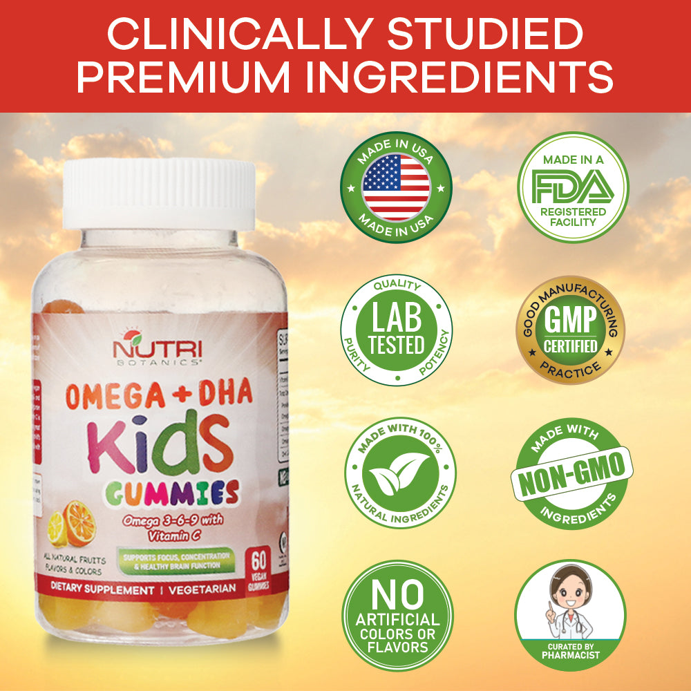 Nutri Botanics Vegetarian Kids Omega + DHA Gummies with Vitamin C – 60 Gummies