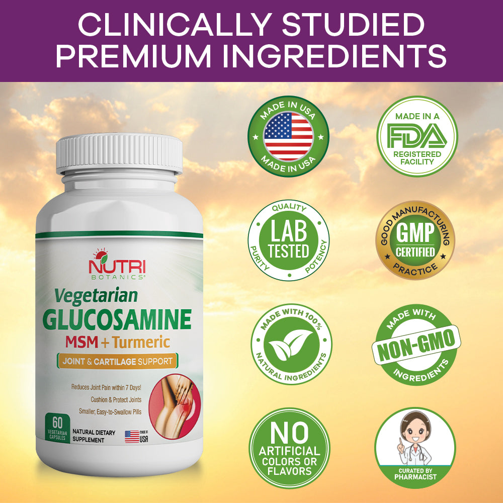 Nutri Botanics Vegetarian Glucosamine MSM Turmeric for Joint & Knee Pain Relief - 60 Capsules