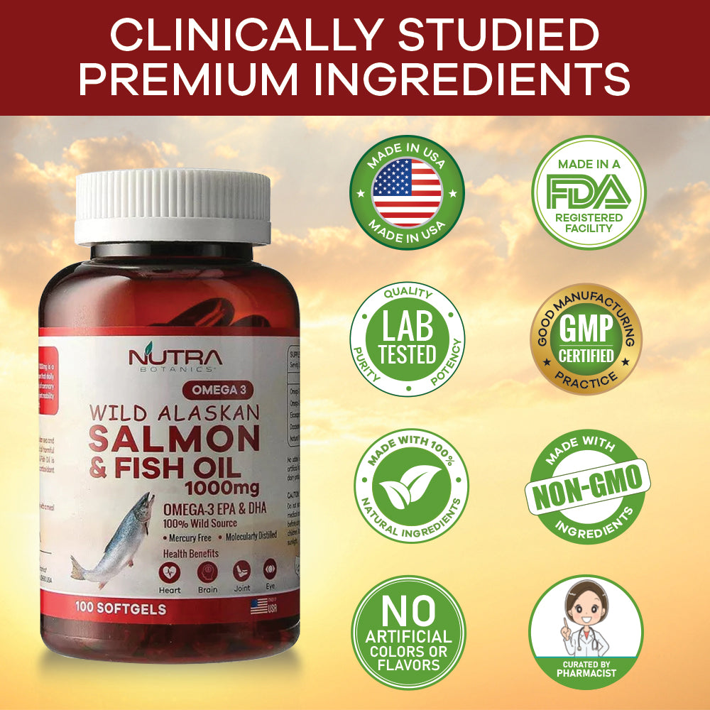 Nutra Botanics Wild Alaskan Omega 3 Salmon Fish Oil - 1000mg