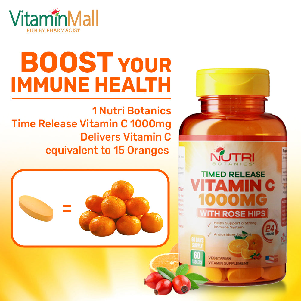 Nutri Botanics Vitamin C 1000mg Time Release Tablet with Rose Hip - 60 Vegetarian Tablets