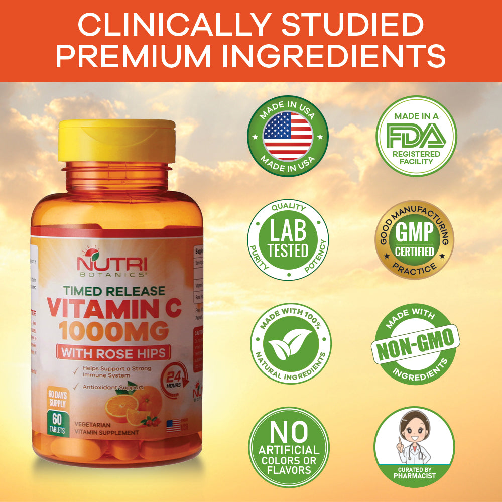 Nutri Botanics Vitamin C 1000mg Time Release Tablet with Rose Hip - 60 Vegetarian Tablets