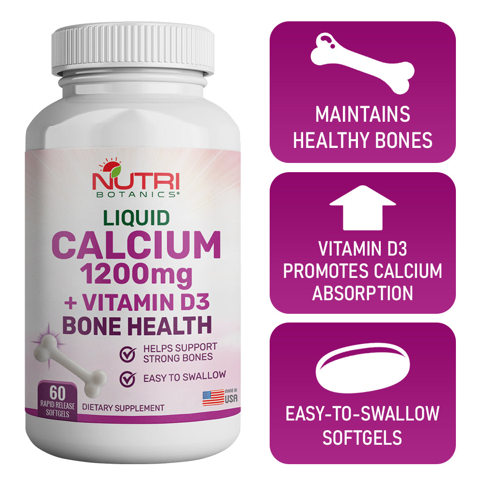 Nutri Botanics Liquid Calcium 1200mg + Vitamin D3 Bone Health Supplement  – 60 Softgels