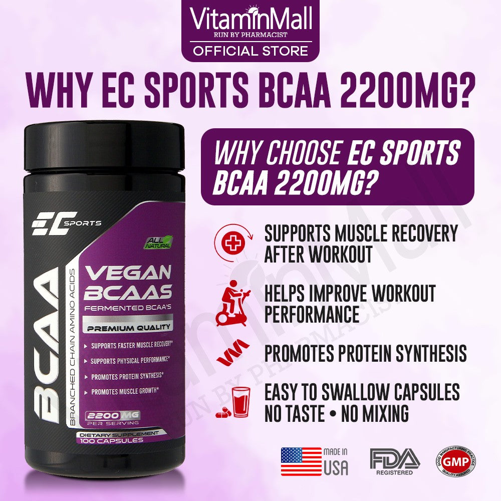 EC-Sports 100% BCAA 2:1:1 Branched Chain Amino Acid - 100 Capsules