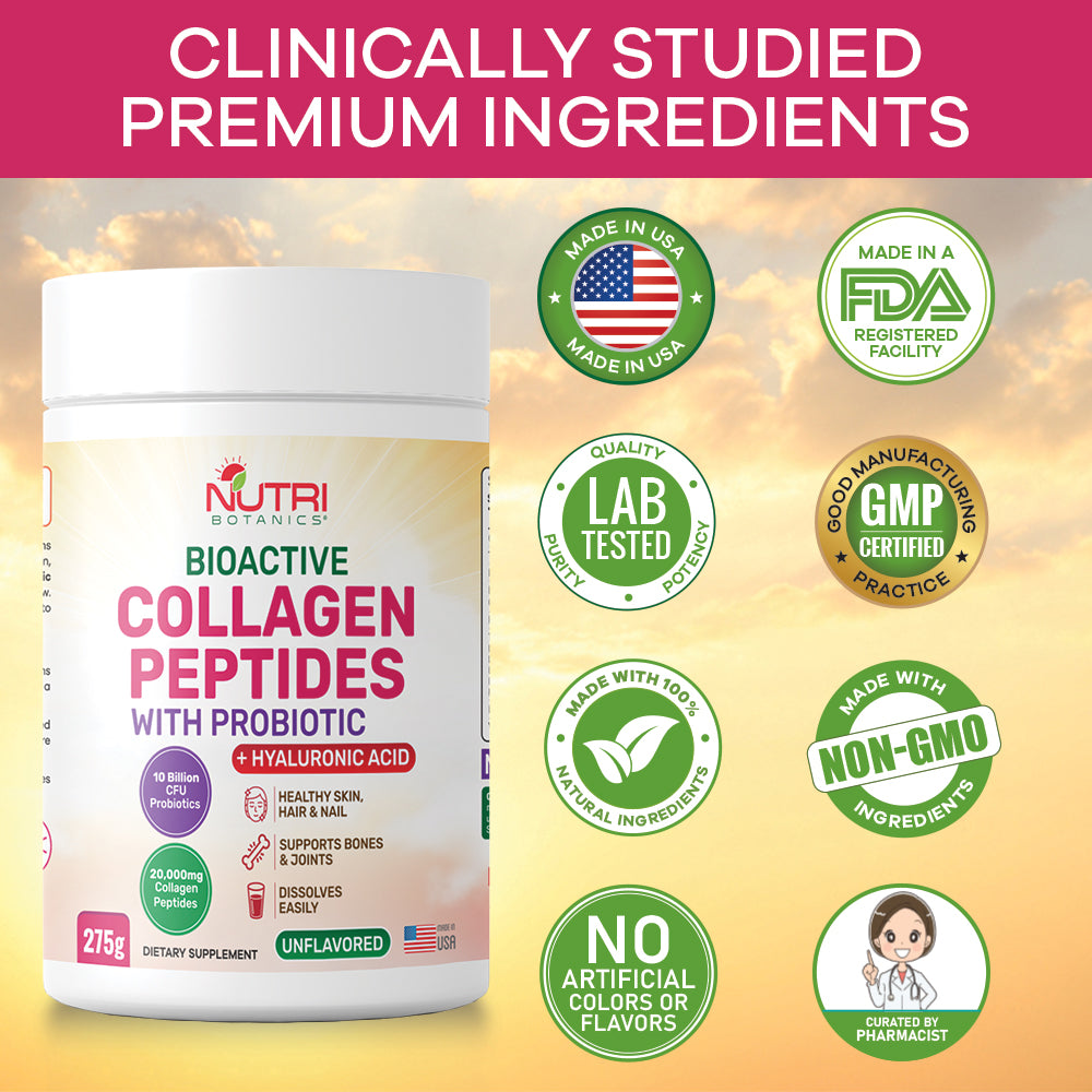 Nutri Botanics Bioactive Collagen Peptides Powder with Probiotic + Hyaluronic Acid – 275g
