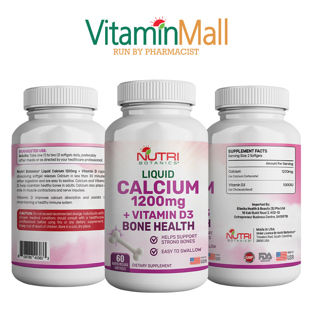 Nutri Botanics Liquid Calcium 1200mg + Vitamin D3 Bone Health Supplement  – 60 Softgels