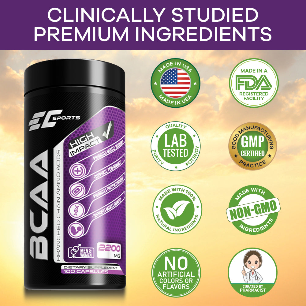 EC-Sports 100% BCAA 2:1:1 Branched Chain Amino Acid - 100 Capsules
