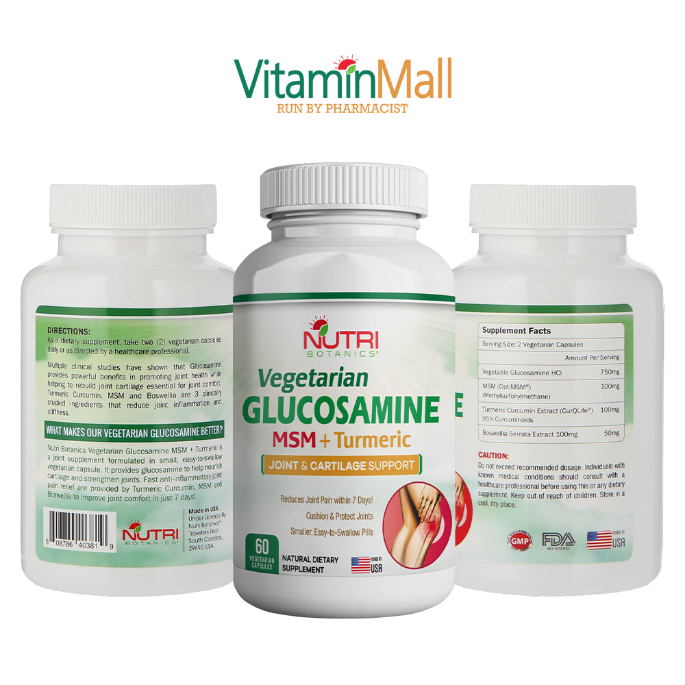 Nutri Botanics Vegetarian Glucosamine MSM Turmeric for Joint & Knee Pain Relief - 60 Capsules