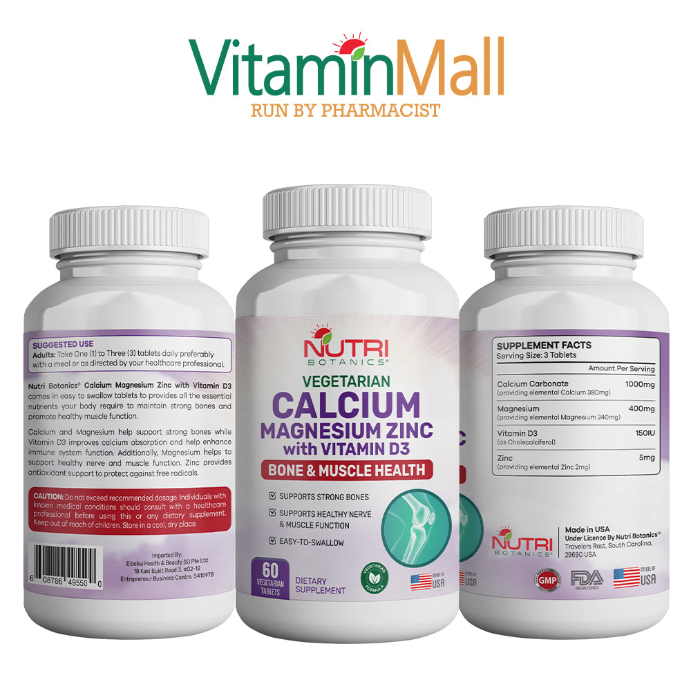 Nutri Botanics Calcium Magnesium Zinc with Vitamin D3 Supplement – 60 Vegetarian Tablets