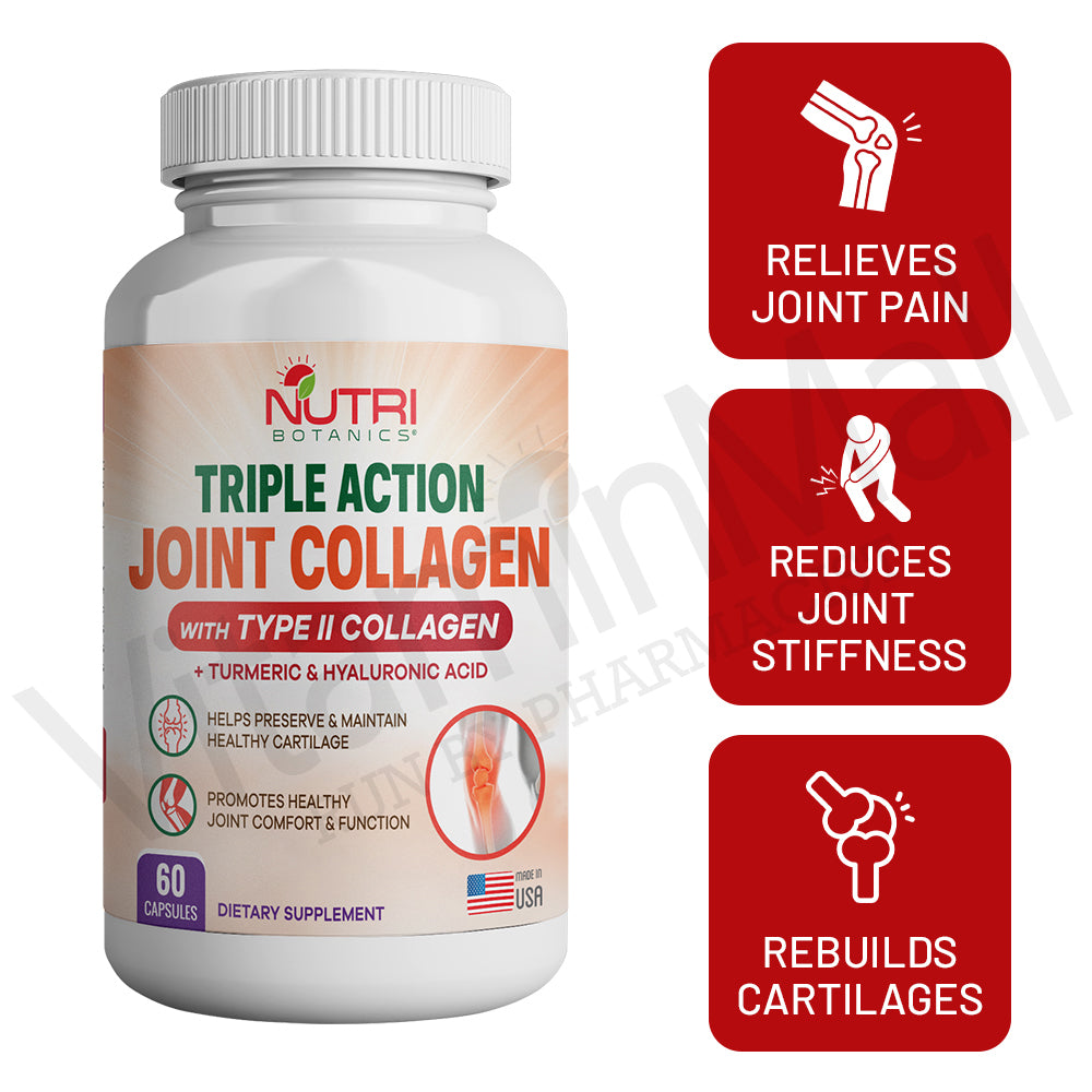 Nutri Botanics Triple Action Joint Collagen with Type II Collagen, Turmeric Curcumin & Hyaluronic Acid – 60 Capsules