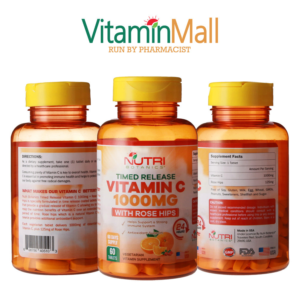 Nutri Botanics Vitamin C 1000mg Time Release Tablet with Rose Hip - 60 Vegetarian Tablets