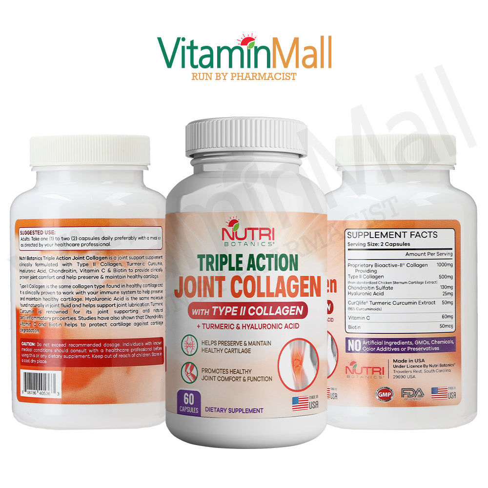 Nutri Botanics Triple Action Joint Collagen with Type II Collagen, Turmeric Curcumin & Hyaluronic Acid – 60 Capsules