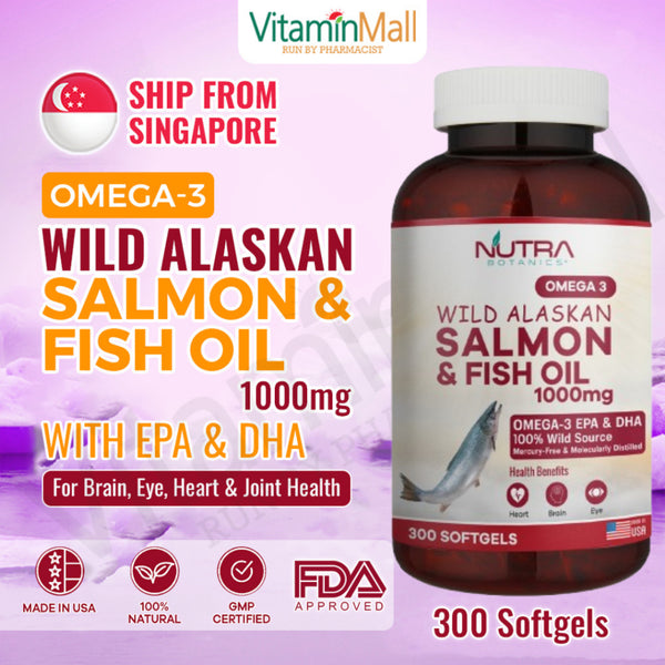 Nutra Botanics Omega 3 Wild Alaskan Salmon & Fish Oil 1000mg – 300 Softgels