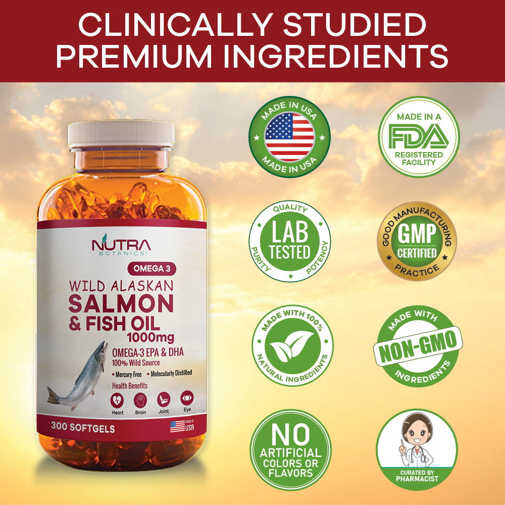 Nutra Botanics Omega 3 Wild Alaskan Salmon & Fish Oil 1000mg – 300 Softgels