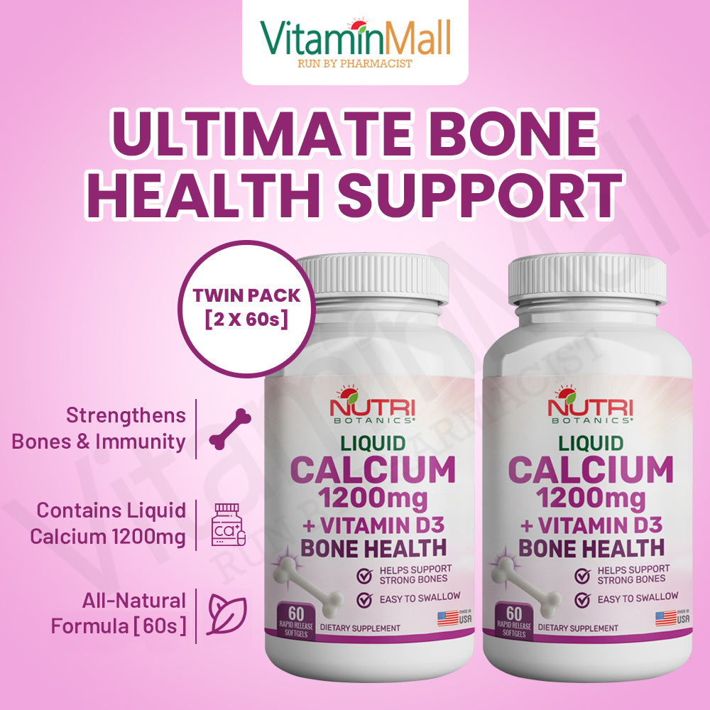 Nutri Botanics Liquid Calcium 1200mg + Vitamin D3 Bone Health Supplement  – 60 Softgels