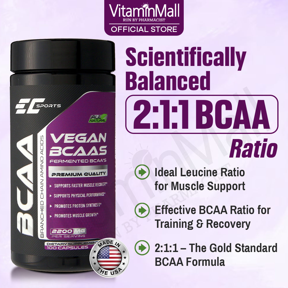 EC-Sports 100% BCAA 2:1:1 Branched Chain Amino Acid - 100 Capsules
