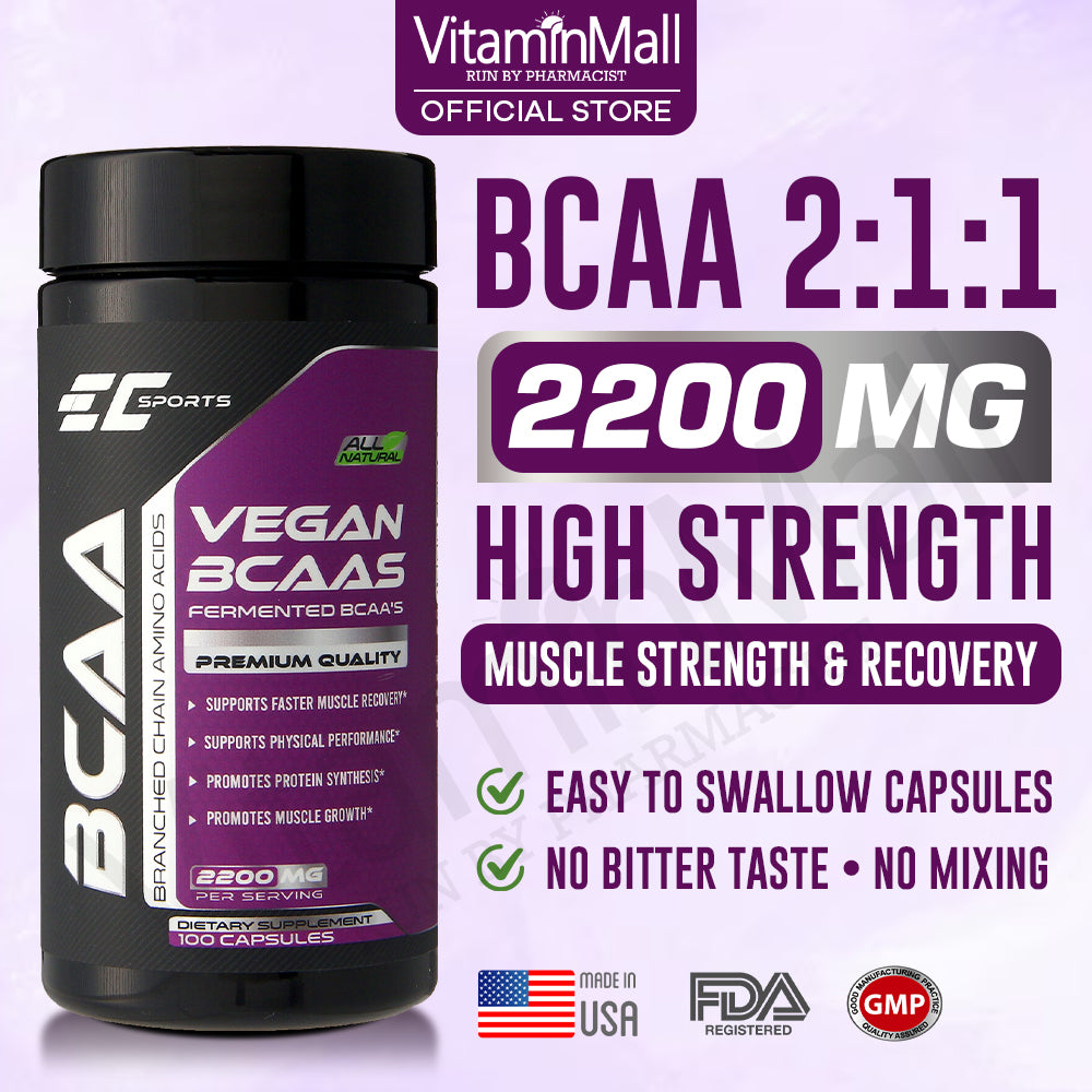 EC-Sports 100% BCAA 2:1:1 Branched Chain Amino Acid - 100 Capsules