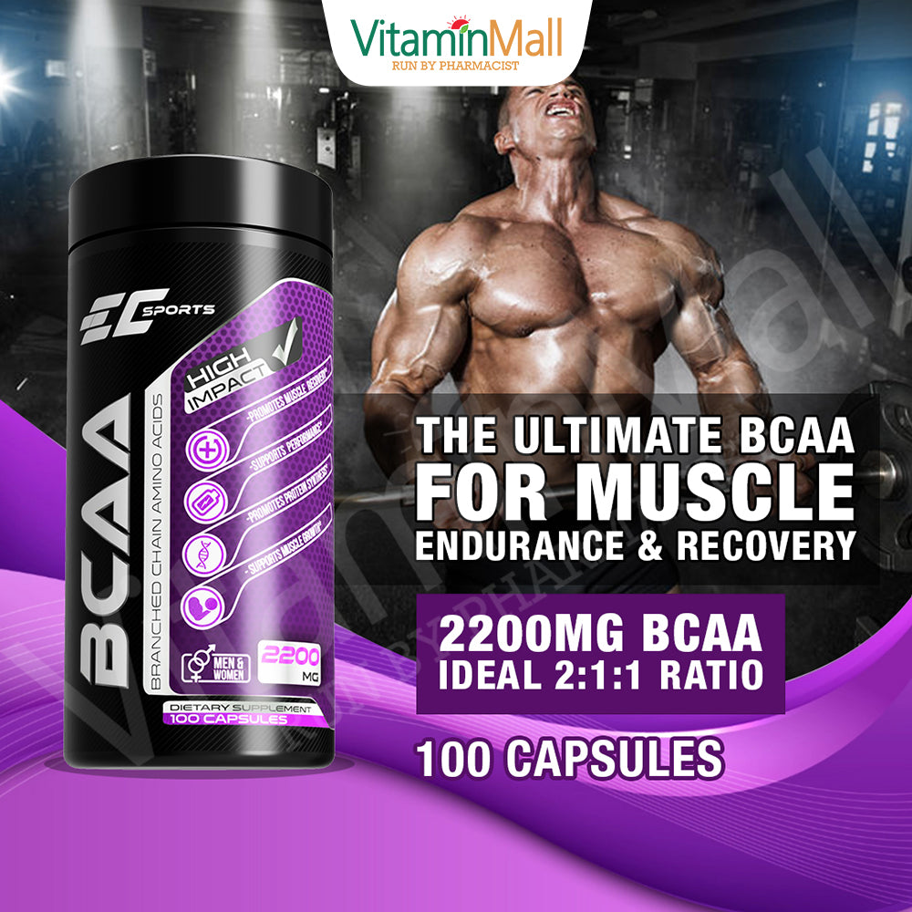 EC-Sports 100% BCAA 2:1:1 Branched Chain Amino Acid - 100 Capsules