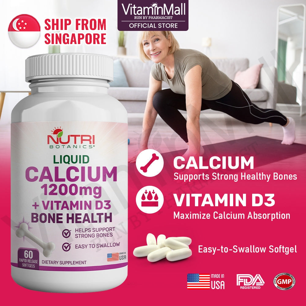 Nutri Botanics Liquid Calcium 1200mg + Vitamin D3 Bone Health Supplement  – 60 Softgels