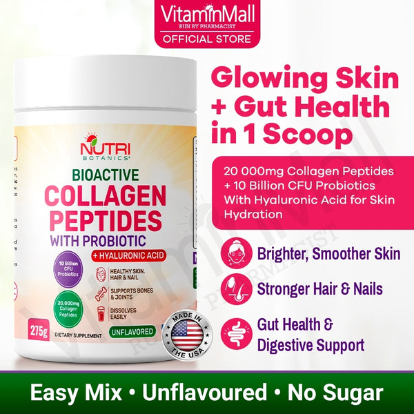 Nutri Botanics Bioactive Collagen Peptides Powder with Probiotic + Hyaluronic Acid – 275g