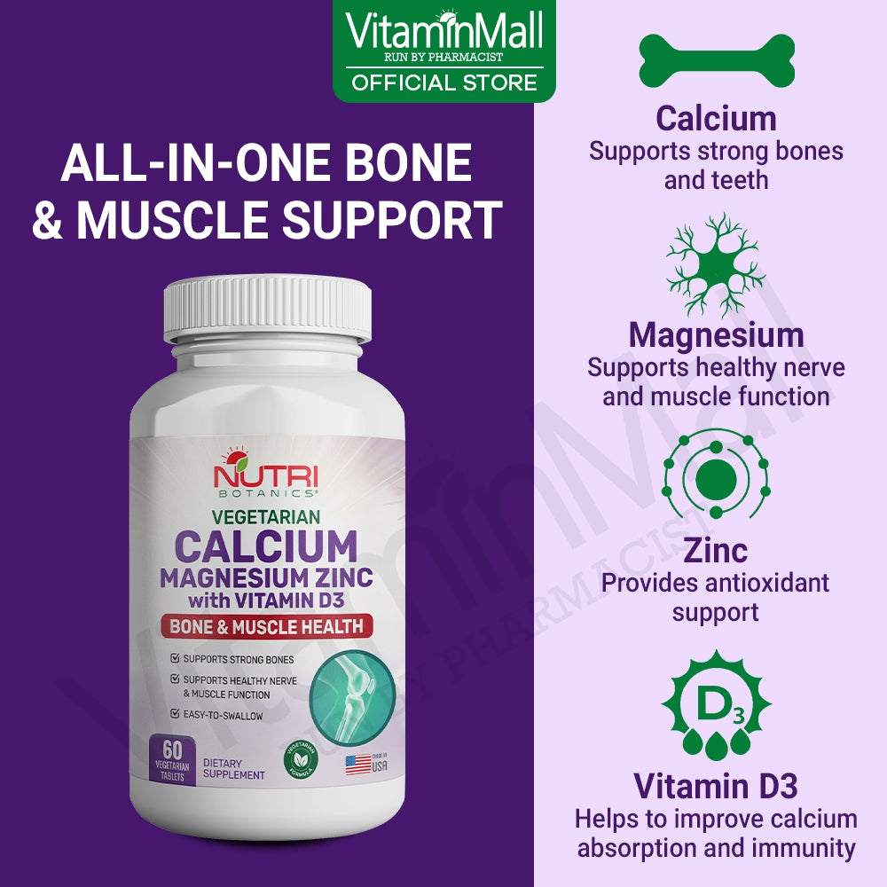 Nutri Botanics Calcium Magnesium Zinc with Vitamin D3 Supplement – 60 Vegetarian Tablets