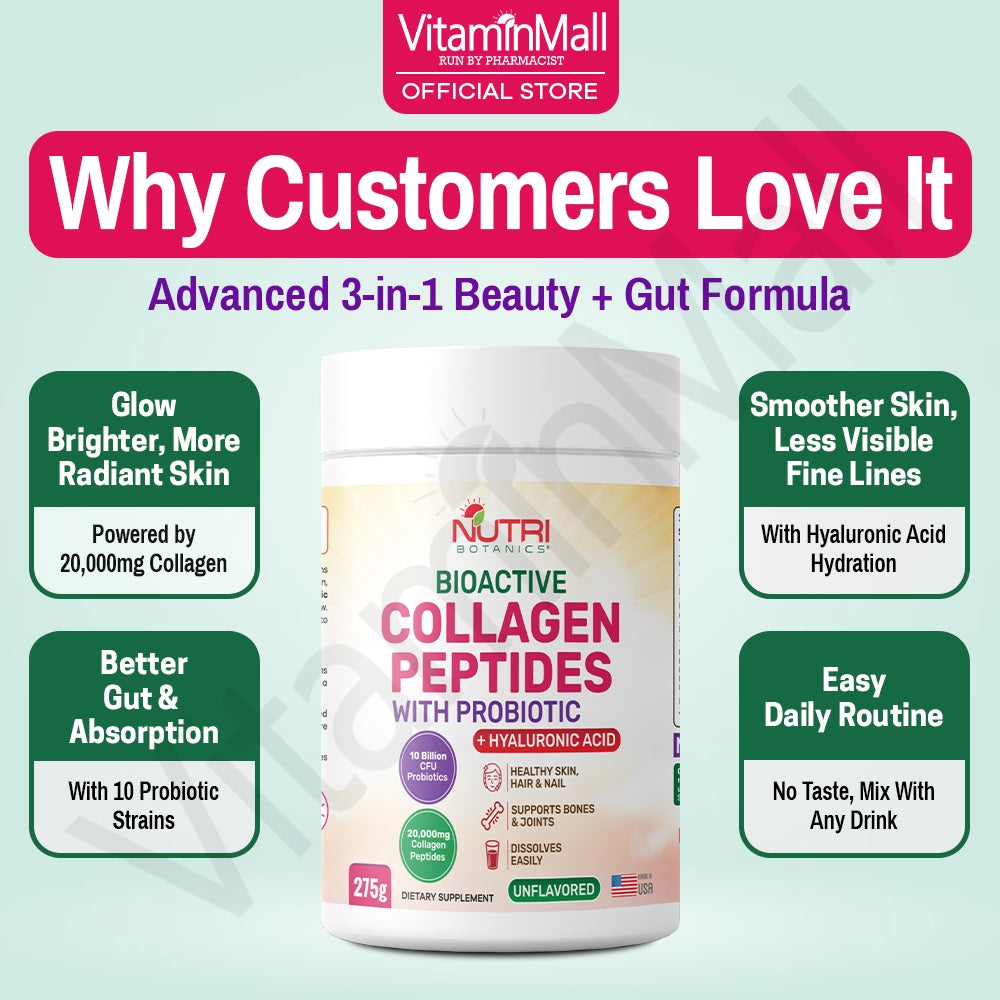 Nutri Botanics Bioactive Collagen Peptides Powder with Probiotic + Hyaluronic Acid – 275g
