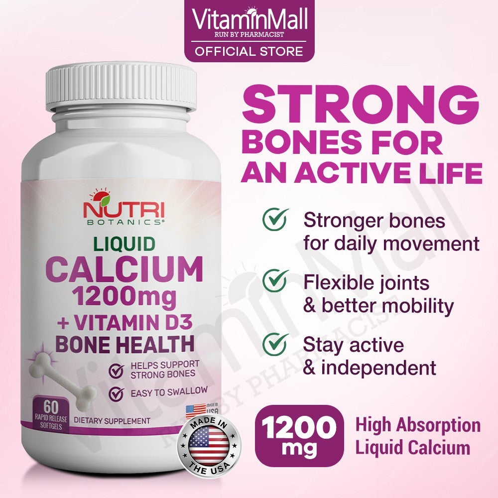 Nutri Botanics Liquid Calcium 1200mg + Vitamin D3 Bone Health Supplement  – 60 Softgels