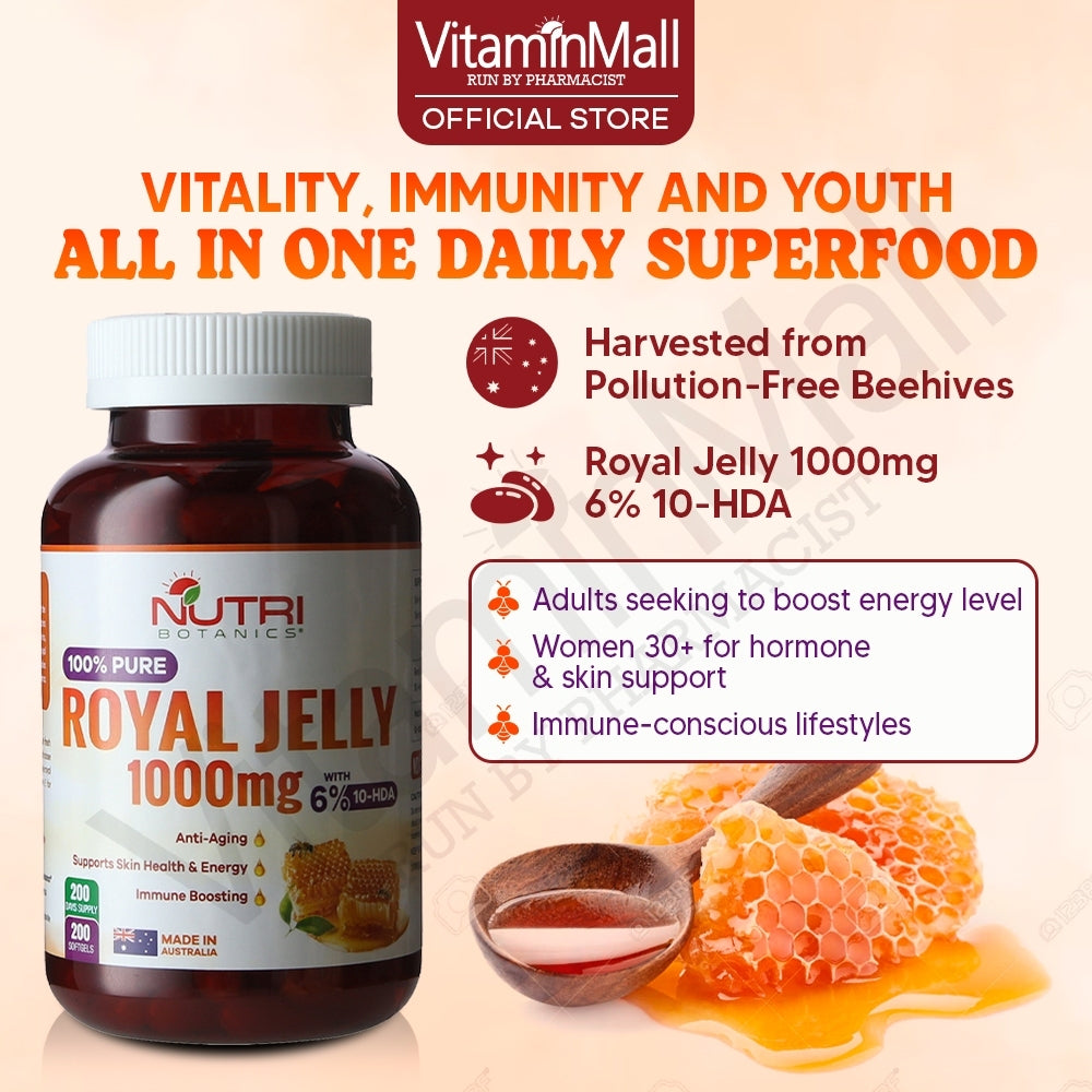 Nutri Botanics Royal Jelly 1000mg with 6% 10-HDA – 200 Softgels