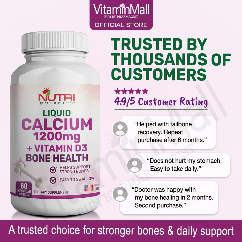 Nutri Botanics Liquid Calcium 1200mg + Vitamin D3 Bone Health Supplement  – 60 Softgels