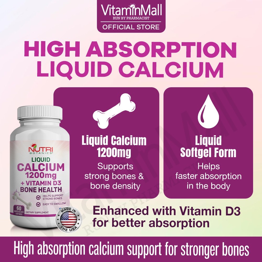 Nutri Botanics Liquid Calcium 1200mg + Vitamin D3 Bone Health Supplement  – 60 Softgels