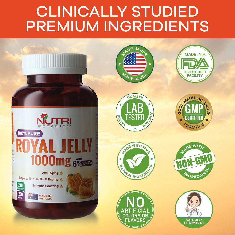 Nutri Botanics Royal Jelly 1000mg with 6% 10-HDA – 200 Softgels