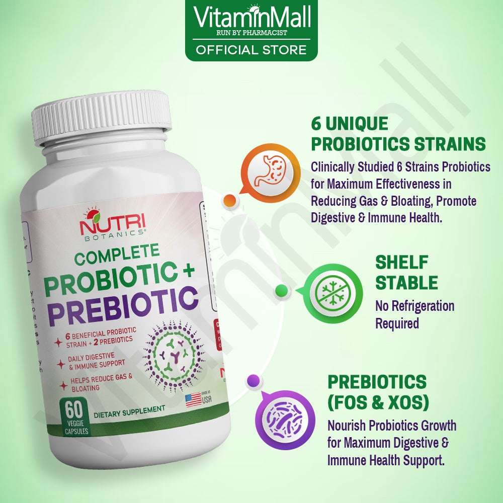 Nutri Botanics Prebiotic + Probiotic Supplement – 60 Veggie Capsules